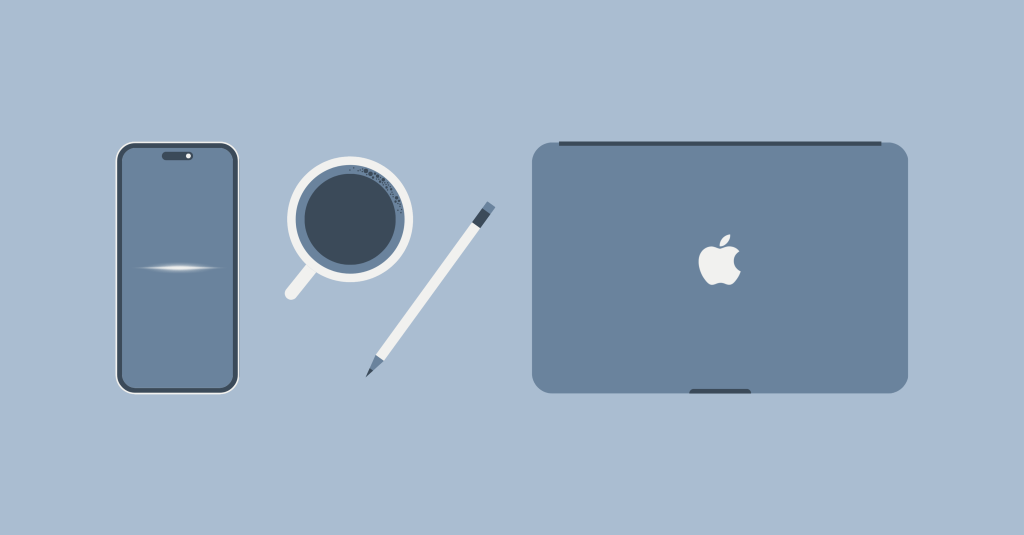 Minimal flat lay illustration of a smartphone, coffee cup, pencil, and closed MacBook, representing the tools of a social media professional.